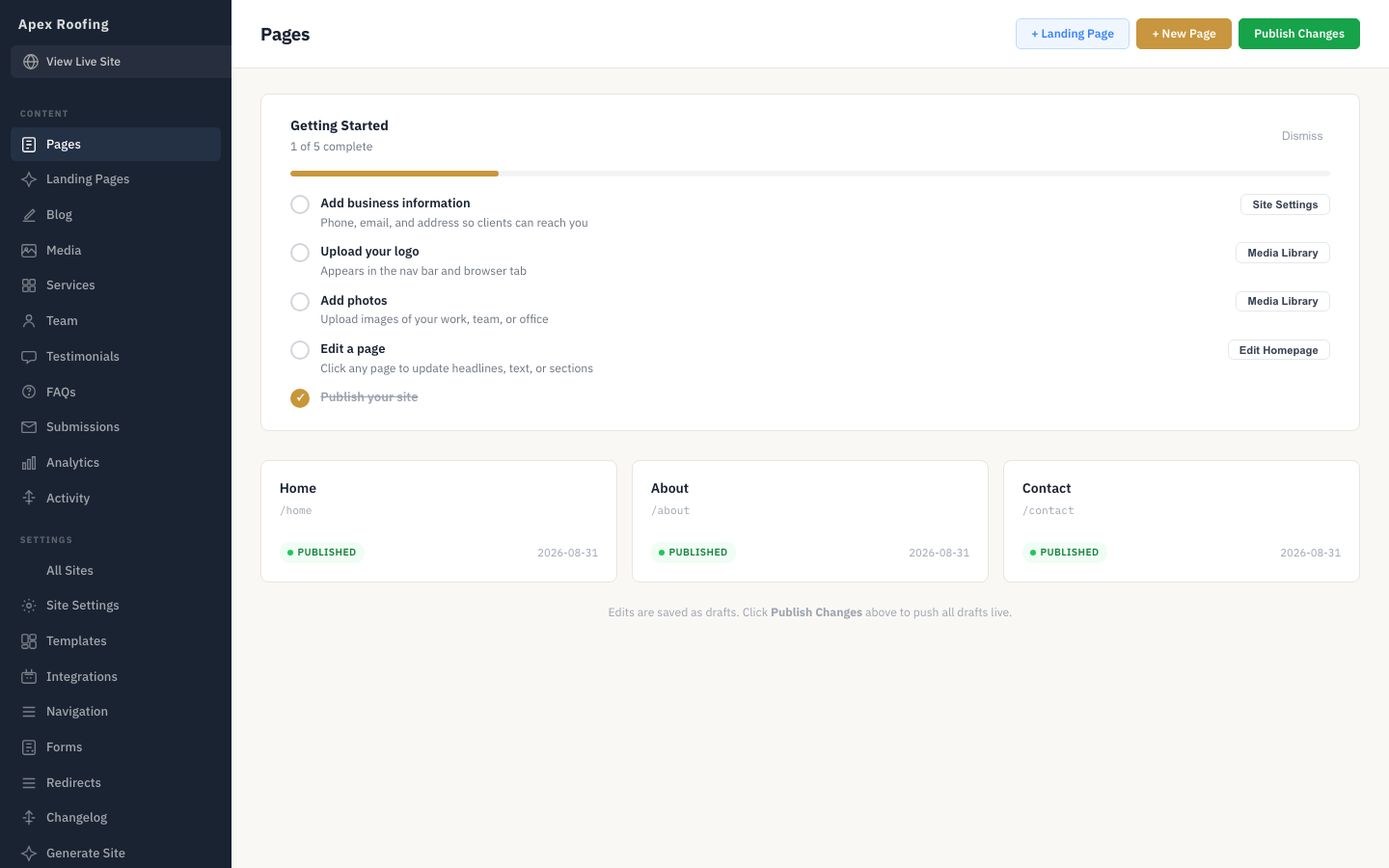 CMS Pages view with onboarding
